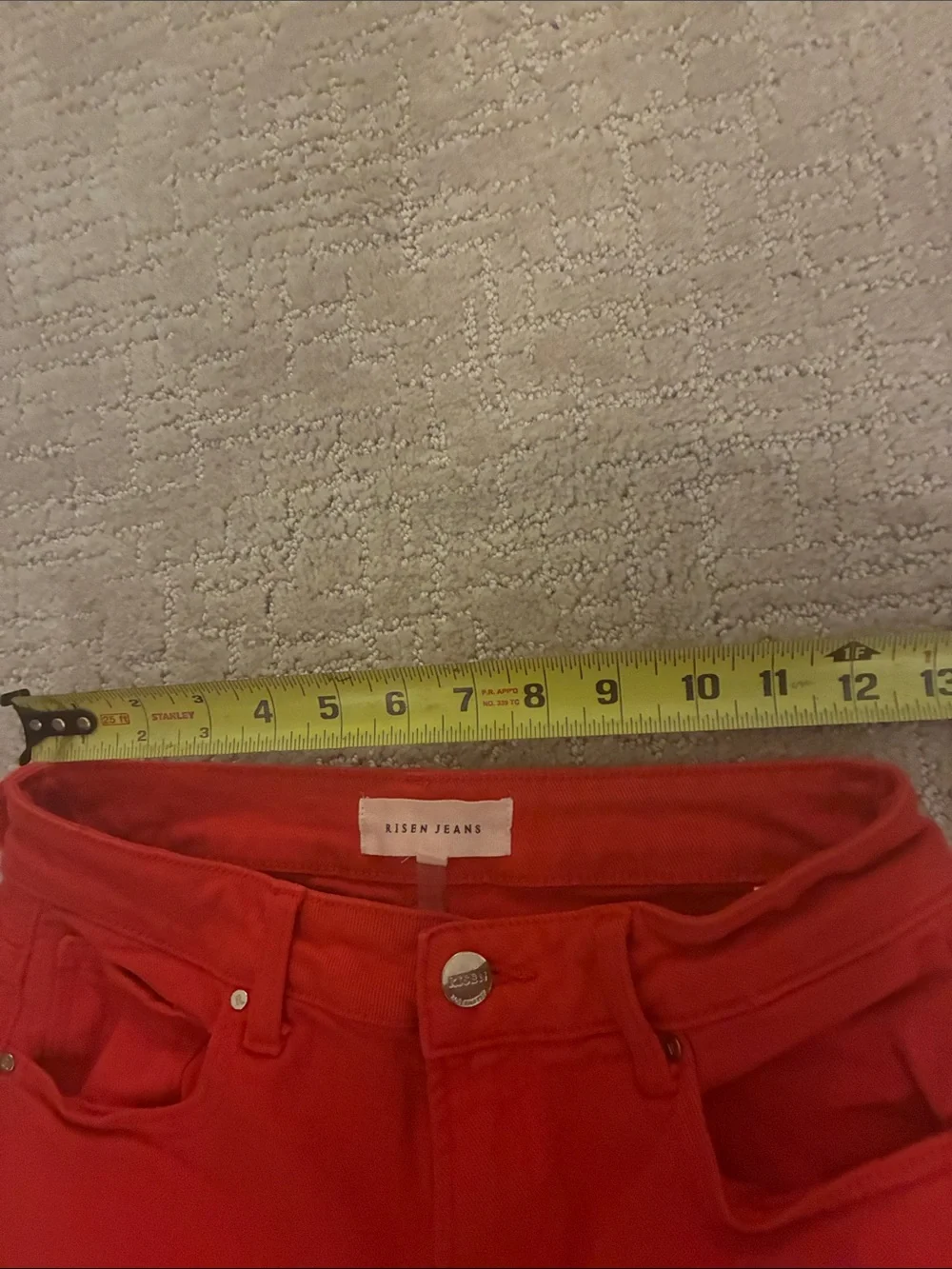 Women's Red Flare Jeans with Frayed Hem - Picture 6 of 8